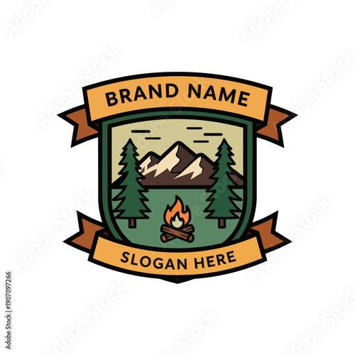 Camping Badge with Mountains and Trees.