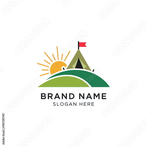 Camping Tent Logo Design with Sun.