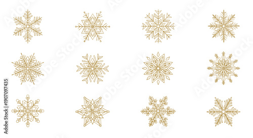 Collection of twelve elegant golden snowflake icons with intricate geometric designs isolated on white background for holiday decor.
