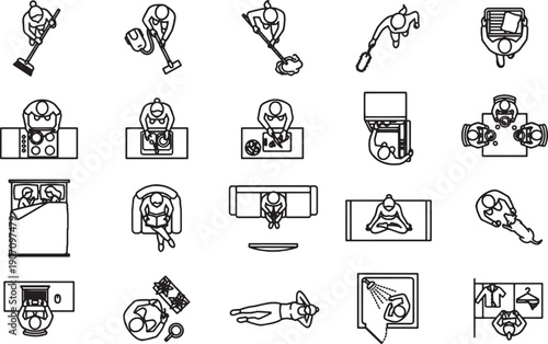 Top-down view of people in various settings, from work and leisure to daily routines, visualized in an illustrative design.