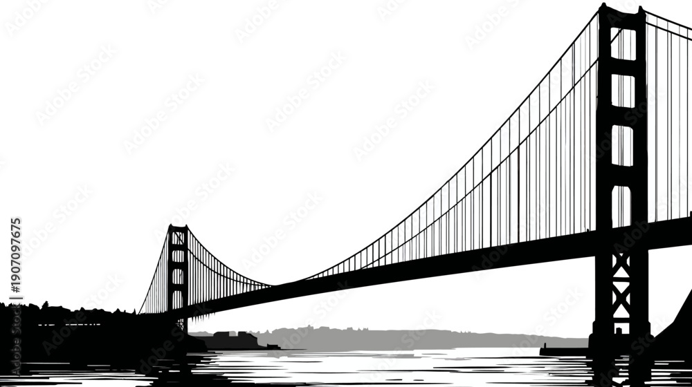Fototapeta premium Silhouetted illustration of a suspension bridge with water, landscape, and sky