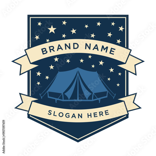 Camping Badge with Stars and Banner.