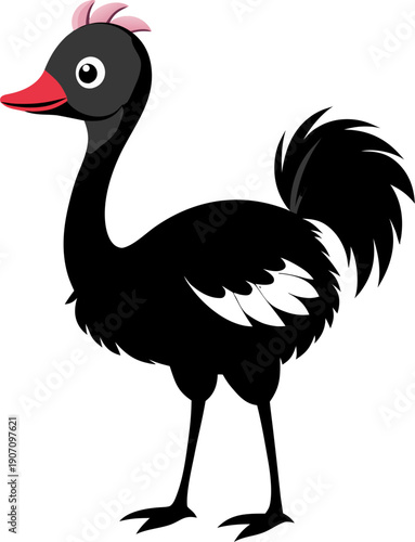 Cute ostrich black silhouette vector flat illustration design on white background.