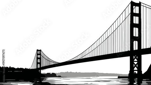 Silhouetted illustration of a suspension bridge with water, landscape, and sky