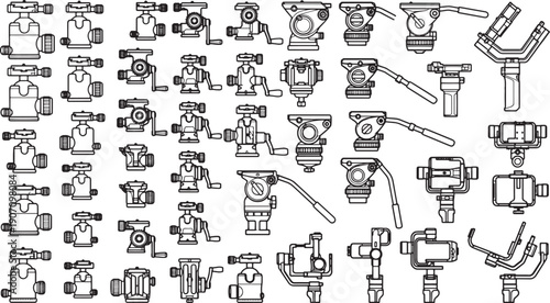 A multitude of diverse tripod heads with precision details, each a unique testament to engineering and design.