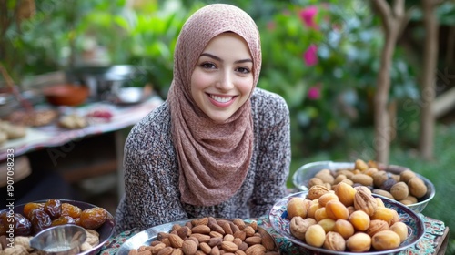 Woman smiling amidst bowls of assorted nuts and dried fruits