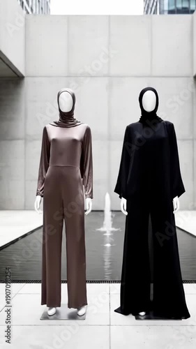 Two mannequins display elegant modest fashion in a modern setting. A brown jumpsuit and black abaya stand by a serene water feature.