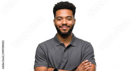 Young african american man with beard and short curly hair smiling and arms crossed isolated on white background