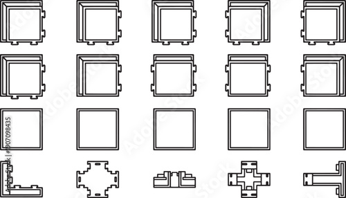 Geometric array of architectural shapes with sleek, modern designs, perfect for illustrating construction, architectural plans, or structural elements.
