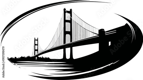 A monochrome illustration of a suspension bridge, framed within a decorative oval