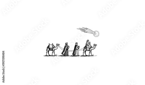 Three wise men following star to Bethlehem vintage engraving vector