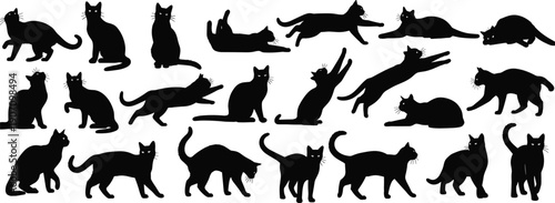Black cat silhouettes in various poses on white background black cats cat poses 1 feline
