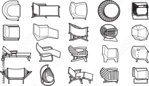 A collection of various chair design icons in black outline, showcasing diverse furniture types for home decor and interior design concepts.