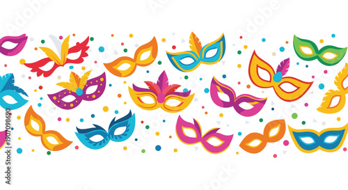 Festive border of colorful carnival masquerade masks and vibrant confetti on a white background for a party or event invitation.
