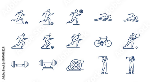 Sports Icons Line Art: Football, Swimming, Cycling, Tennis, Golf, Fitness