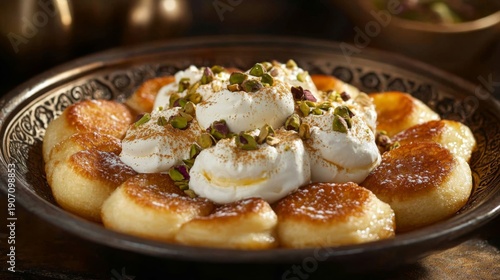 Golden Fried Dough Balls Topped With Cream And Pistachios