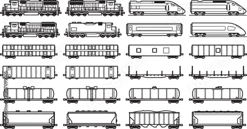 A diverse collection of train illustrations, offering a comprehensive view of various train types. Ideal for railway enthusiasts, transportation design.