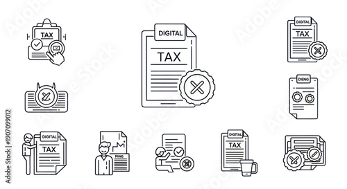 Tax Icons Set: Digital Payment, Forms, Approval, Rejection, and Analysis
