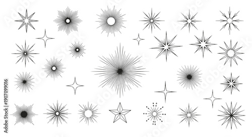 Hand drawn collection of vintage sunbursts and star shapes for retro decorative design and branding elements or celestial themed artistic projects.
