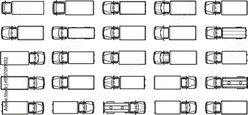 A grid of commercial transport vehicles, rendered from an overhead perspective, showcasing an array of logistical arrangements, delivery, and transportation vehicles in a seamless grid. 
