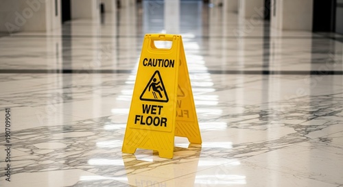 Caution Wet Floor Safety Sign on Polished Marble Floor in Modern Building Interior