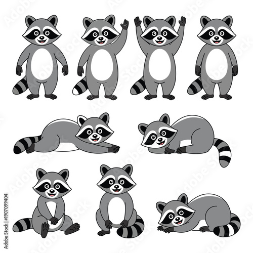 funny raccoon with front paws and ringed tail vector set, cute cartoon animal illustration for kids designs, stickers, t shirts, mascots, children books and playful branding projects.
