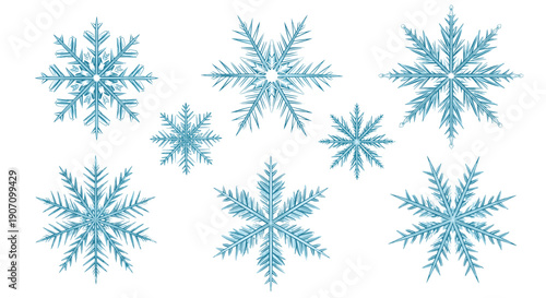 Collection of eight unique crystalline snowflakes in shades of light blue isolated on a white background for winter holiday season decor.