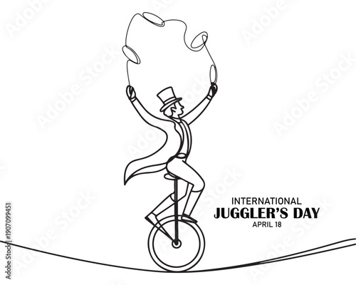 Single one line drawing male juggler juggling clubs on a unicycle and on a rope. The experienced professional. Great balance. International Jugglers Day. Continuous line design graphic illustration