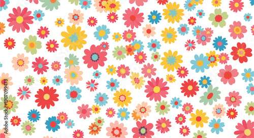 Dense and colorful floral pattern featuring various simple flower shapes in pink yellow blue and red for cheerful spring textile designs.