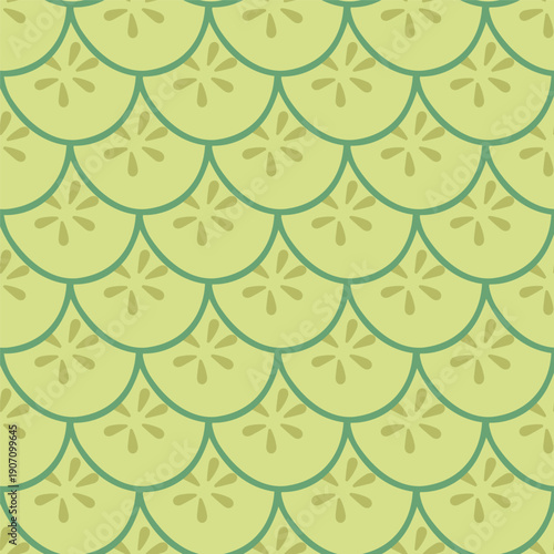 Seamless cucumber slice pattern in flat vector style. Fresh food background for spa, drinks, and healthy lifestyle designs.