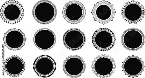 Ornamental black circular frames and badges set with vintage decorative borders isolated on white background vector collection design elements