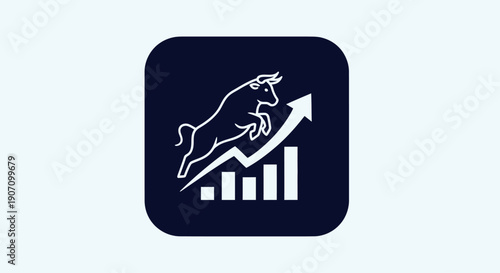 Simple flat vector app icon of bull market symbol, solid bull silhouette with upward chart arrow