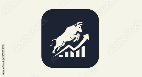 Simple flat vector app icon of bull market symbol, solid bull silhouette with upward chart arrow