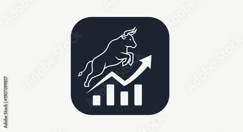 Simple flat vector app icon of bull market symbol, solid bull silhouette with upward chart arrow