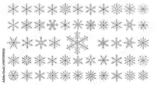 Grid of many different hand drawn snowflake shapes in black ink isolated on white background for winter and holiday season projects.