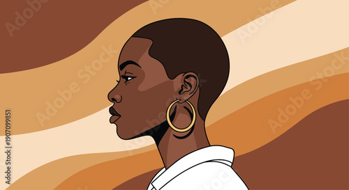 Beautiful Black woman with short hair and large gold hoop earrings shown in side profile view on a wavy abstract brown background.