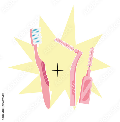 Illustration d’un lot de brosse à dents et de brossettes interdentaires pour une hygiène bucco-dentaire complète