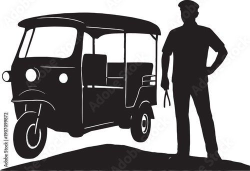 A tuk tuk stand and a driver of tuk tuk stand a side  in black and white silhouette vector with transparent background 