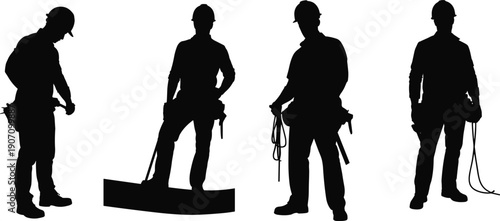 Silhouette set of construction workers with hard hats and tools isolated on white background representing skilled labor workforce