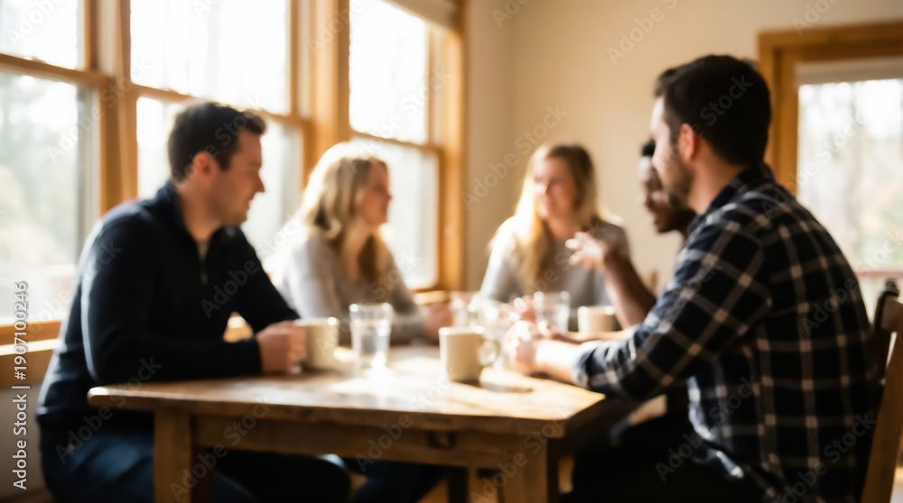 Fototapeta premium Group of young adults sitting at a wooden table in a bright room with large windows chatting and laughing together