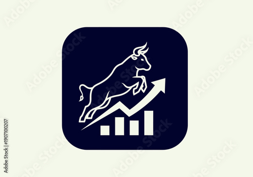 Simple flat vector app icon of bull market symbol, solid bull silhouette with upward chart arrow