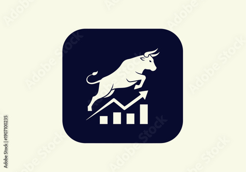 Simple flat vector app icon of bull market symbol, solid bull silhouette with upward chart arrow
