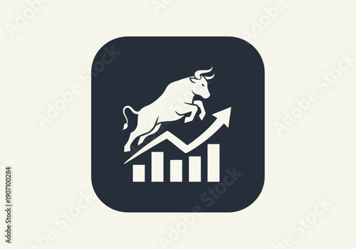 Simple flat vector app icon of bull market symbol, solid bull silhouette with upward chart arrow