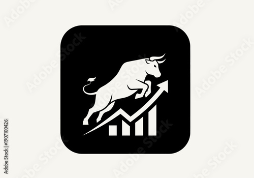 Simple flat vector app icon of bull market symbol, solid bull silhouette with upward chart arrow
