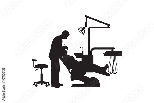 Dentist performing dental procedure on patient silhouette - Silhouette of dental surgery with patient in specialized chair