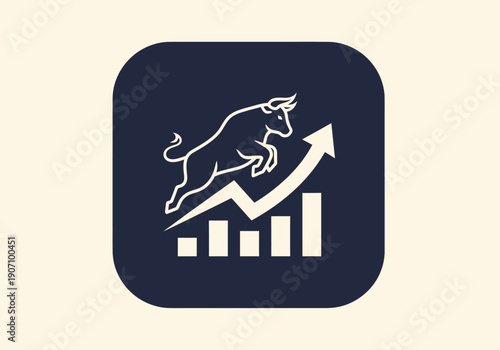 Simple flat vector app icon of bull market symbol, solid bull silhouette with upward chart arrow