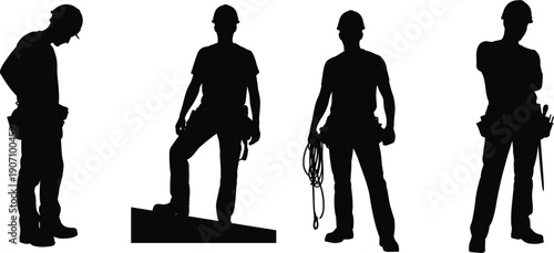 Silhouettes of professional construction workers wearing hard hats and tool belts isolated on white background industrial labor teamwork concept