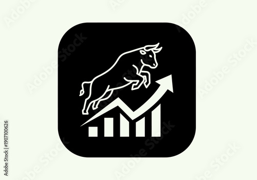 Simple flat vector app icon of bull market symbol, solid bull silhouette with upward chart arrow