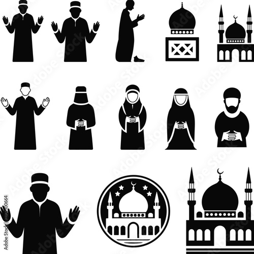 Muslim Prayer and Mosque Silhouette Collection, Islamic Worship Vector Icons Set with Crescent Moon, Ramadan and Eid Religious Symbols