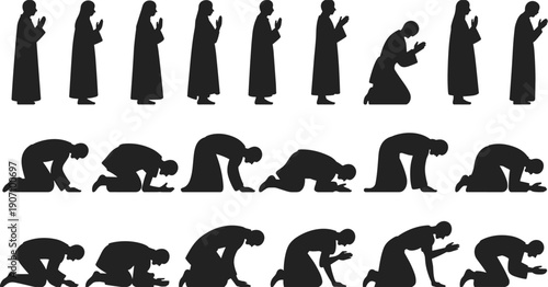 Muslim Prayer Positions Silhouette Set, Islamic Salah Step by Step Worship Vector Illustration Collection Isolated on White Background
